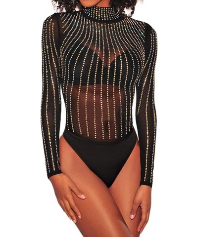 Women's Sexy Rhinestone Sheer Mesh Long Sleeves Bodysuit S-3XL Iridescent Rhinestone $15.07 Lingerie