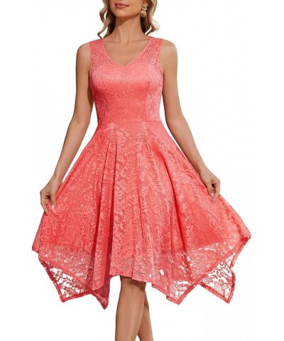 Women's Elegant Floral Lace Sleeveless Handkerchief Hem Asymmetrical Cocktail Party Swing Dress Coral-style 1 $14.70 Dresses