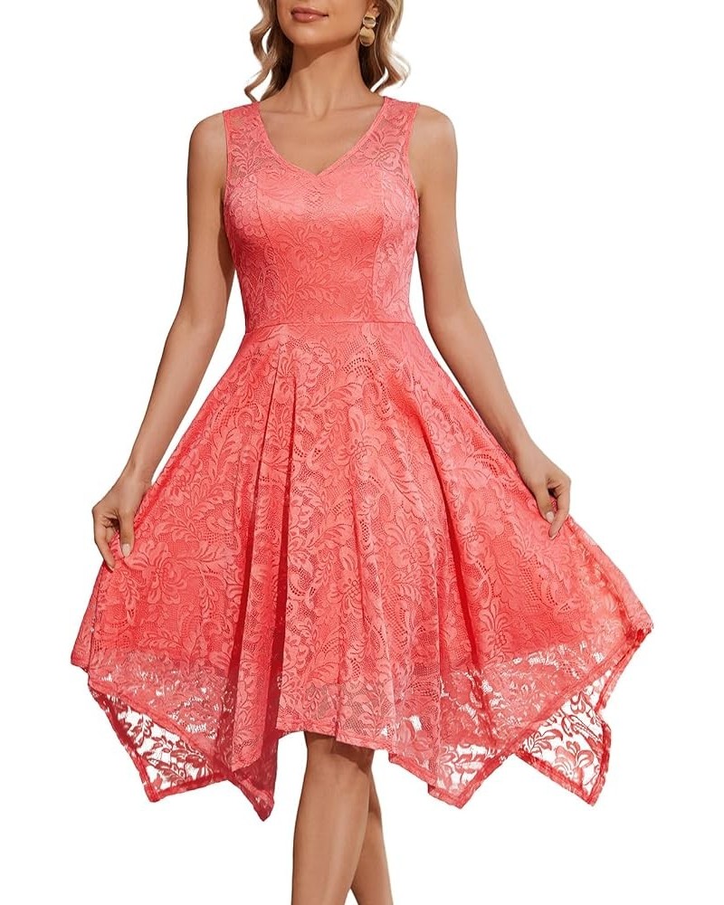 Women's Elegant Floral Lace Sleeveless Handkerchief Hem Asymmetrical Cocktail Party Swing Dress Coral-style 1 $14.70 Dresses