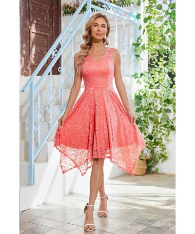 Women's Elegant Floral Lace Sleeveless Handkerchief Hem Asymmetrical Cocktail Party Swing Dress Coral-style 1 $14.70 Dresses