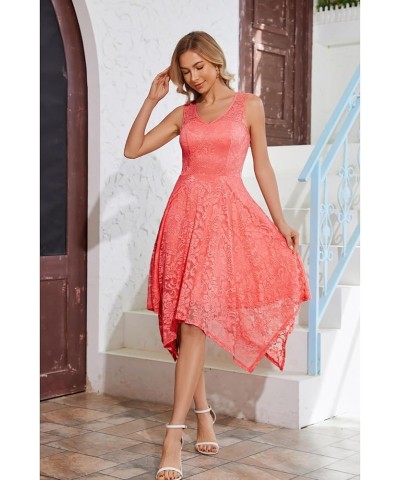 Women's Elegant Floral Lace Sleeveless Handkerchief Hem Asymmetrical Cocktail Party Swing Dress Coral-style 1 $14.70 Dresses