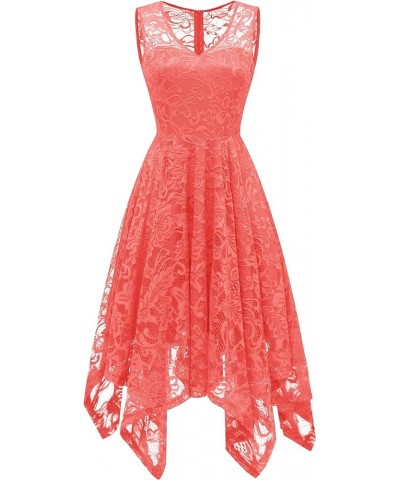 Women's Elegant Floral Lace Sleeveless Handkerchief Hem Asymmetrical Cocktail Party Swing Dress Coral-style 1 $14.70 Dresses