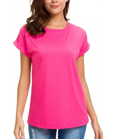 Womens Short Sleeve Loose Fitting T Shirts Cotton Casual Tops Rose Red $12.00 T-Shirts