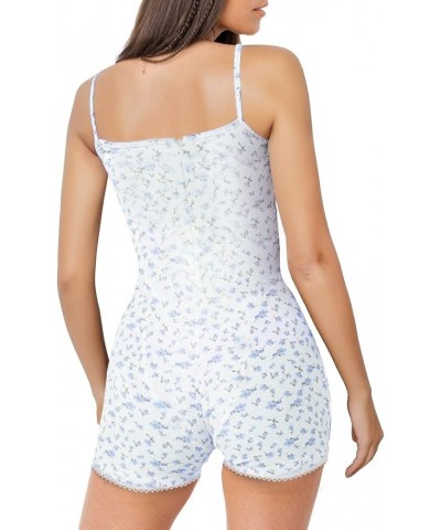 Women Y2k Floral Print Sleeveless Rompers Bodycon One Piece Bodysuit Pajama Shorts Jumpsuit Playsuit A-blue $9.35 Rompers