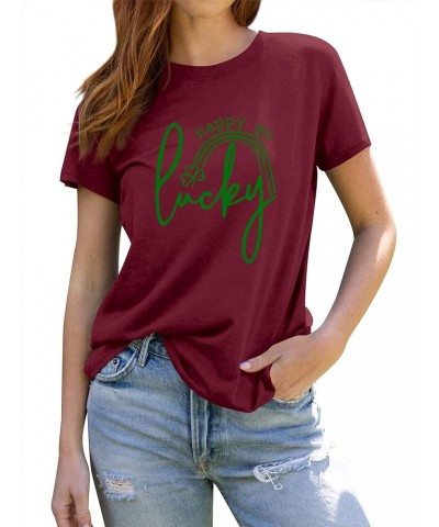 Womens St Patricks T-Shirt Happy Go Lucky Crew Neck Short Sleeve Tops Wine Red $9.17 T-Shirts