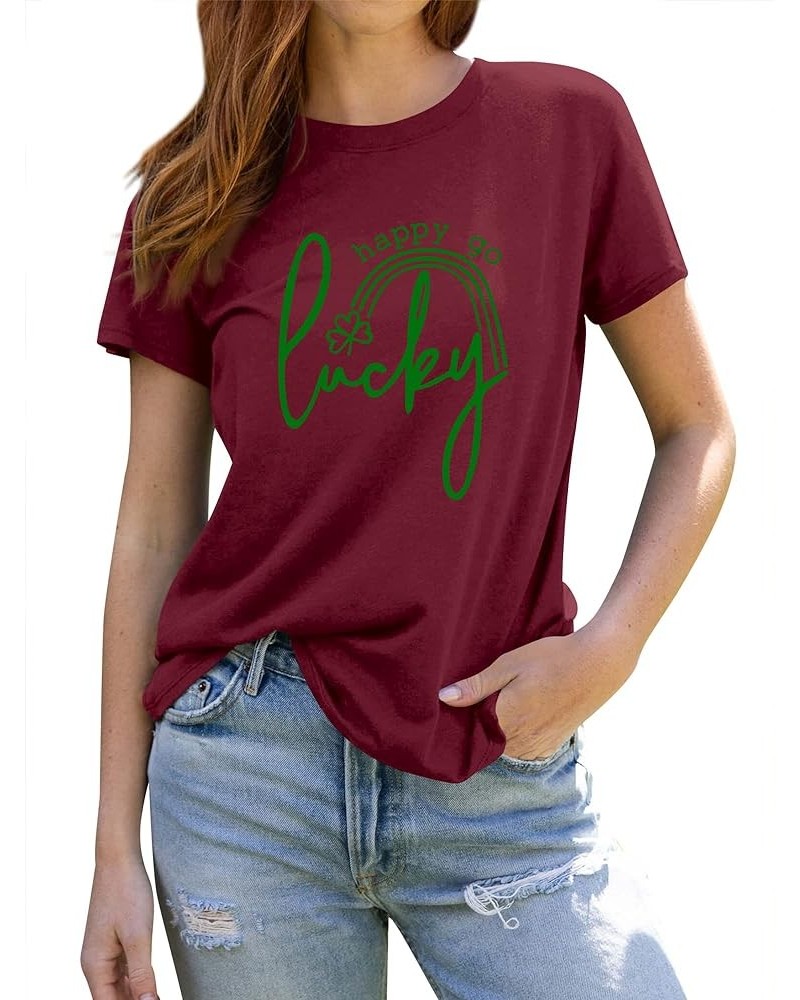 Womens St Patricks T-Shirt Happy Go Lucky Crew Neck Short Sleeve Tops Wine Red $9.17 T-Shirts