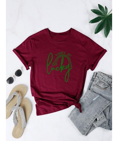 Womens St Patricks T-Shirt Happy Go Lucky Crew Neck Short Sleeve Tops Wine Red $9.17 T-Shirts