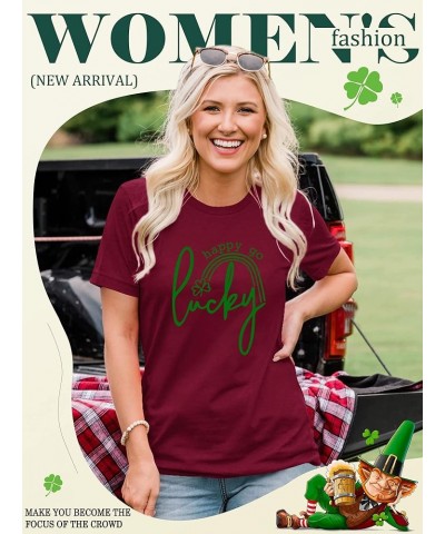 Womens St Patricks T-Shirt Happy Go Lucky Crew Neck Short Sleeve Tops Wine Red $9.17 T-Shirts