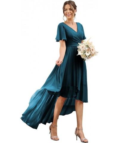 Pleated High Low Bridesmaid Dresses Short for Women Ruffle Sleeve V Neck Formal Dress with Pockets TN029 Teal $23.22 Dresses