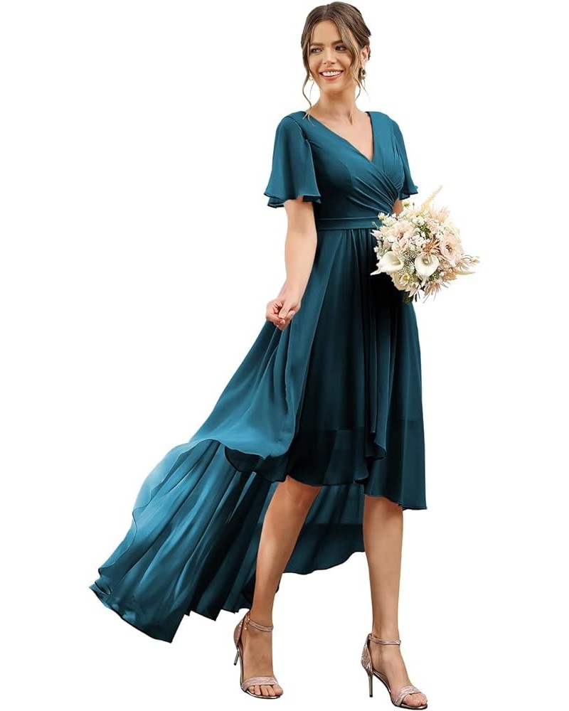 Pleated High Low Bridesmaid Dresses Short for Women Ruffle Sleeve V Neck Formal Dress with Pockets TN029 Teal $23.22 Dresses