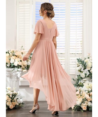 Pleated High Low Bridesmaid Dresses Short for Women Ruffle Sleeve V Neck Formal Dress with Pockets TN029 Teal $23.22 Dresses