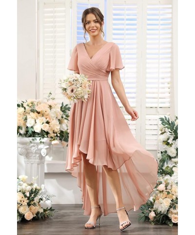 Pleated High Low Bridesmaid Dresses Short for Women Ruffle Sleeve V Neck Formal Dress with Pockets TN029 Teal $23.22 Dresses