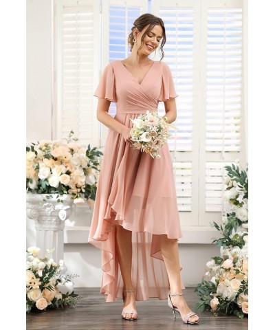 Pleated High Low Bridesmaid Dresses Short for Women Ruffle Sleeve V Neck Formal Dress with Pockets TN029 Teal $23.22 Dresses