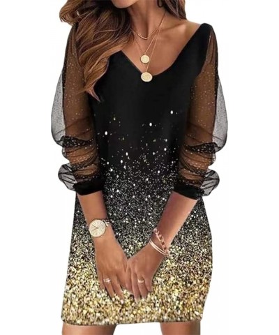 Sequin Sheer Mesh Ladies Dress V Neck Plus Size Women's Long Sleeve Bodycon Mock Mini Dresses (Color : H, Size : L/Large) XXL...