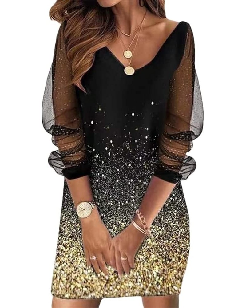 Sequin Sheer Mesh Ladies Dress V Neck Plus Size Women's Long Sleeve Bodycon Mock Mini Dresses (Color : H, Size : L/Large) XXL...