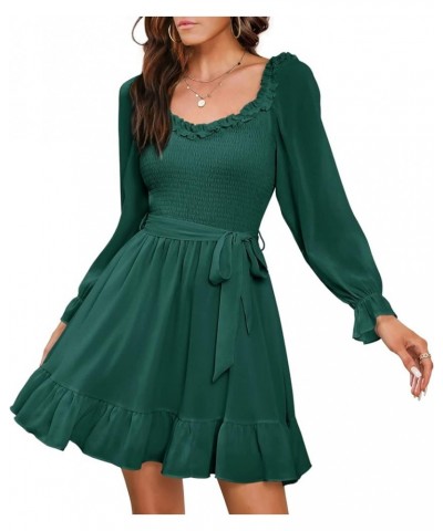 Womens Summer Casual Long Puff Sleeve V-Neck Mini Dress Smocked Ruffle Sweetheart Neckline A-line Flowy Dresses Dark Green $1...