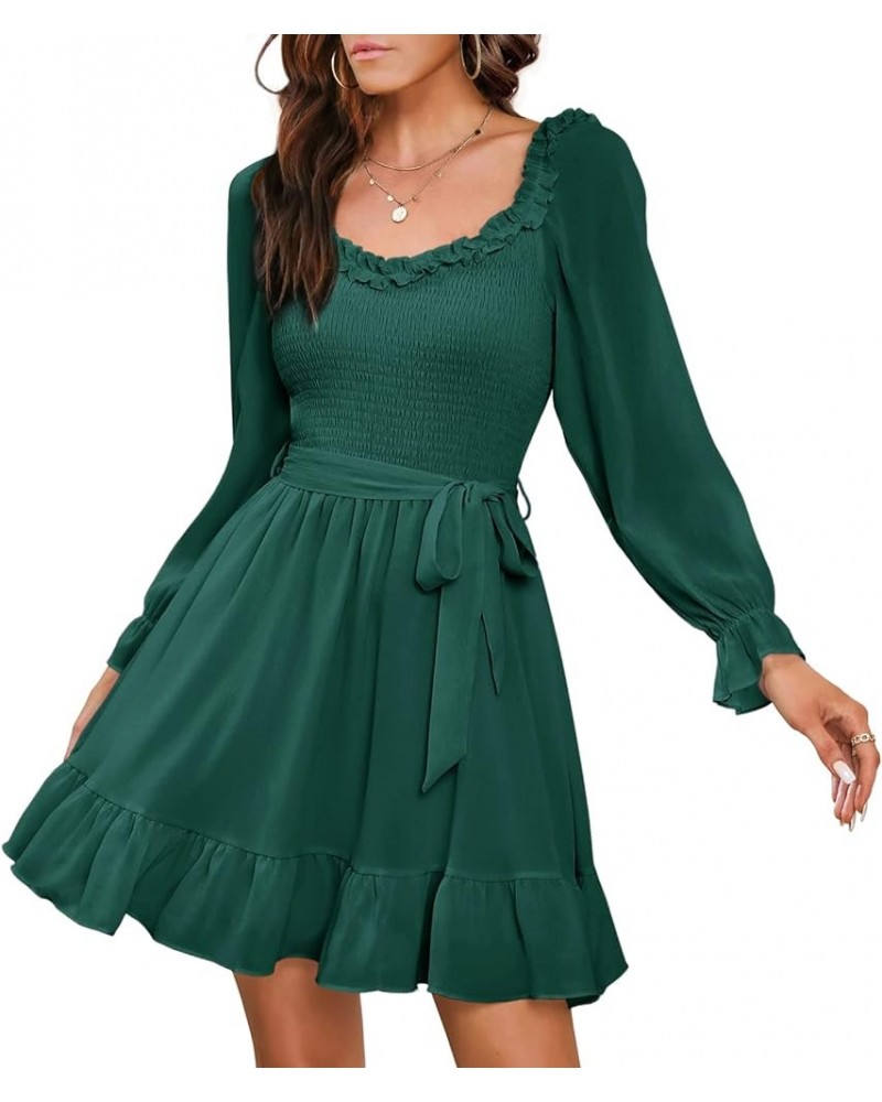 Womens Summer Casual Long Puff Sleeve V-Neck Mini Dress Smocked Ruffle Sweetheart Neckline A-line Flowy Dresses Dark Green $1...