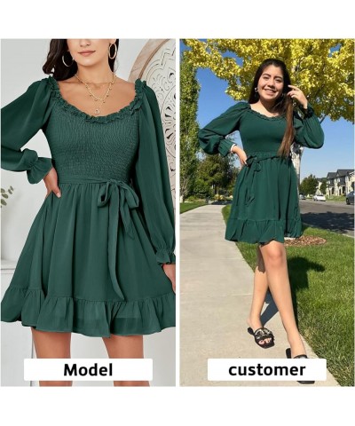 Womens Summer Casual Long Puff Sleeve V-Neck Mini Dress Smocked Ruffle Sweetheart Neckline A-line Flowy Dresses Dark Green $1...