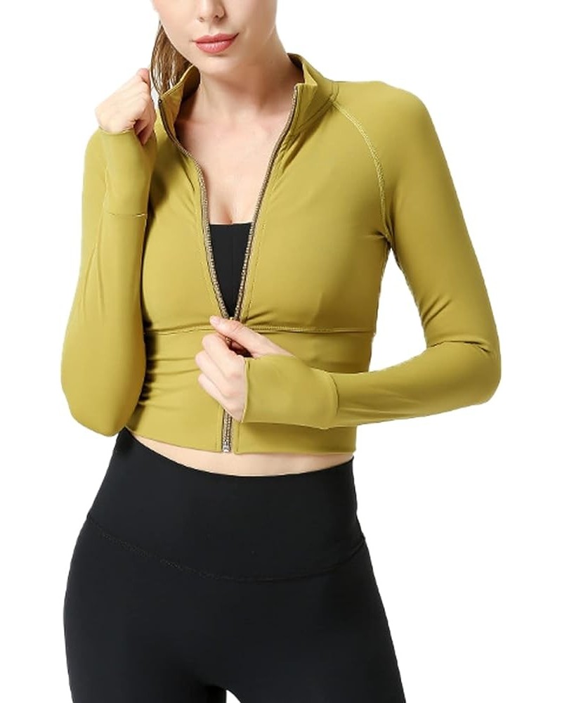 Women's Lightweight Athletic Full Zip Cropped Workout Running Jacket with Thumb Holes Yellow $17.62 Jackets