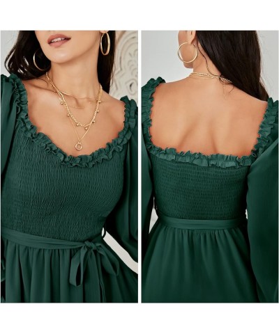 Womens Summer Casual Long Puff Sleeve V-Neck Mini Dress Smocked Ruffle Sweetheart Neckline A-line Flowy Dresses Dark Green $1...