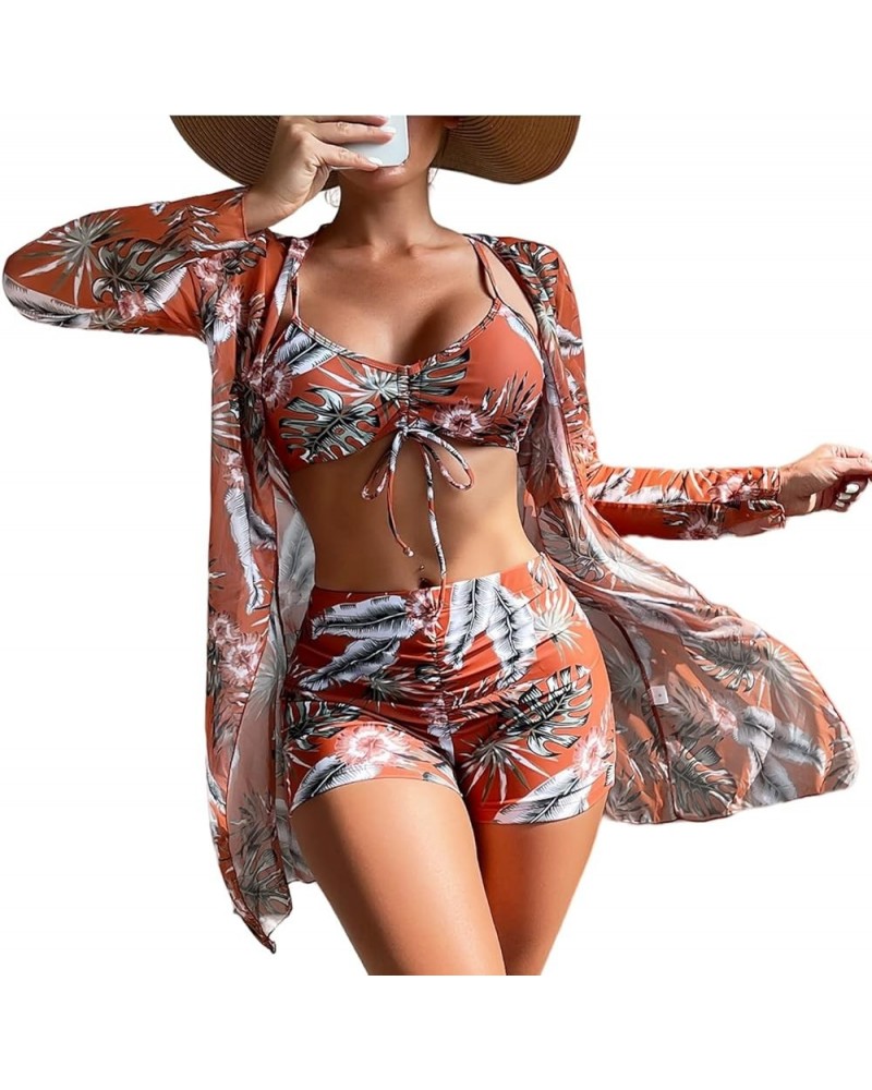 Womens Bathing Suit 3 Piece Swimsuit Drawstring Bikini Set Long Sleeve Beach Cover Up Boho Boy Shorts Swimwear Set A-019 $17....