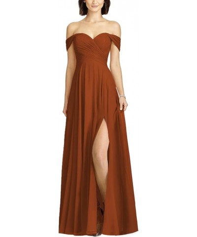 Off Shoulder Bridesmaid Dresses for Women Long Pleated Chiffon A Line Formal Evening Prom Dress with Slit Burnt Orange $25.83...