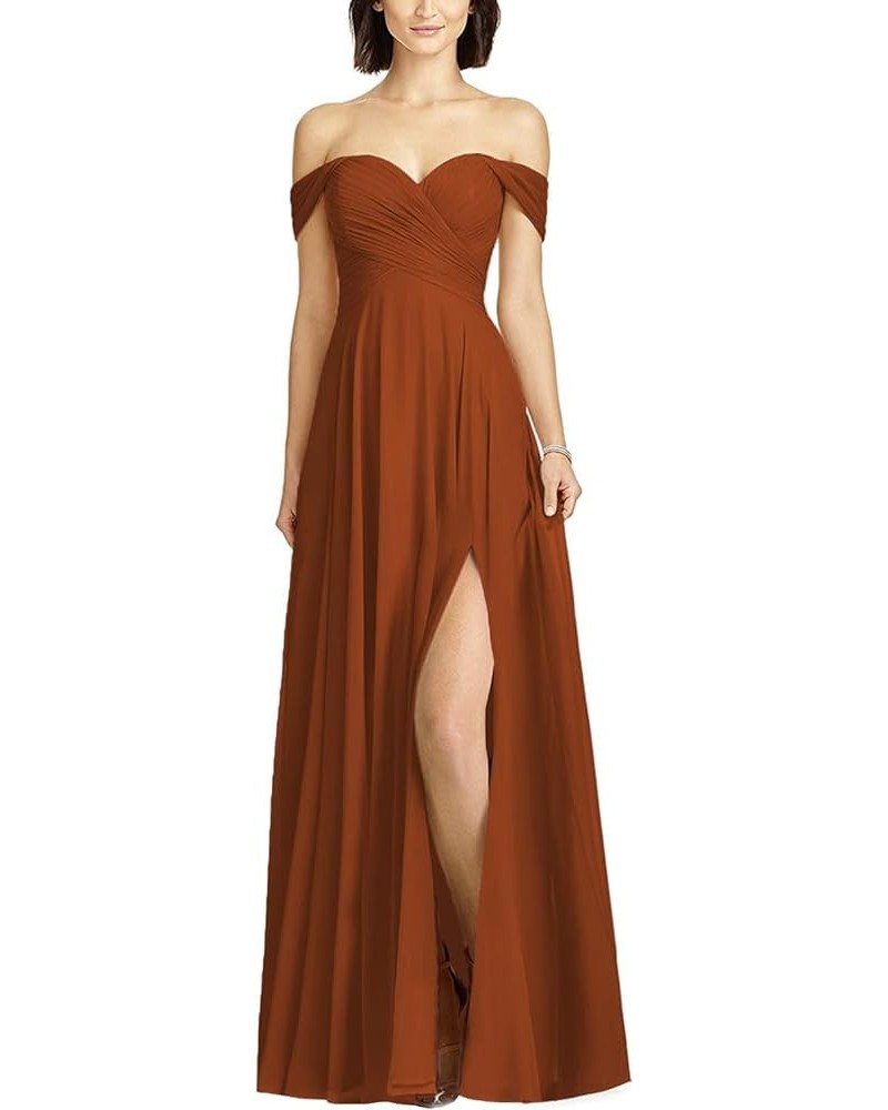 Off Shoulder Bridesmaid Dresses for Women Long Pleated Chiffon A Line Formal Evening Prom Dress with Slit Burnt Orange $25.83...