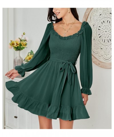 Womens Summer Casual Long Puff Sleeve V-Neck Mini Dress Smocked Ruffle Sweetheart Neckline A-line Flowy Dresses Dark Green $1...