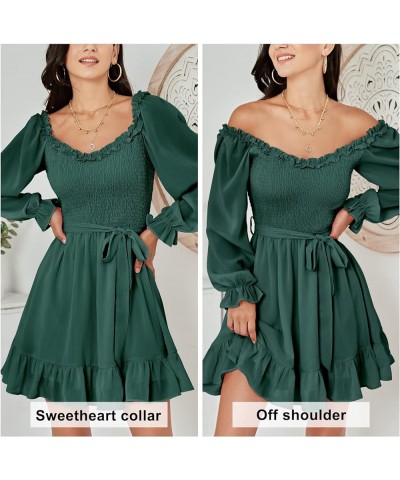 Womens Summer Casual Long Puff Sleeve V-Neck Mini Dress Smocked Ruffle Sweetheart Neckline A-line Flowy Dresses Dark Green $1...