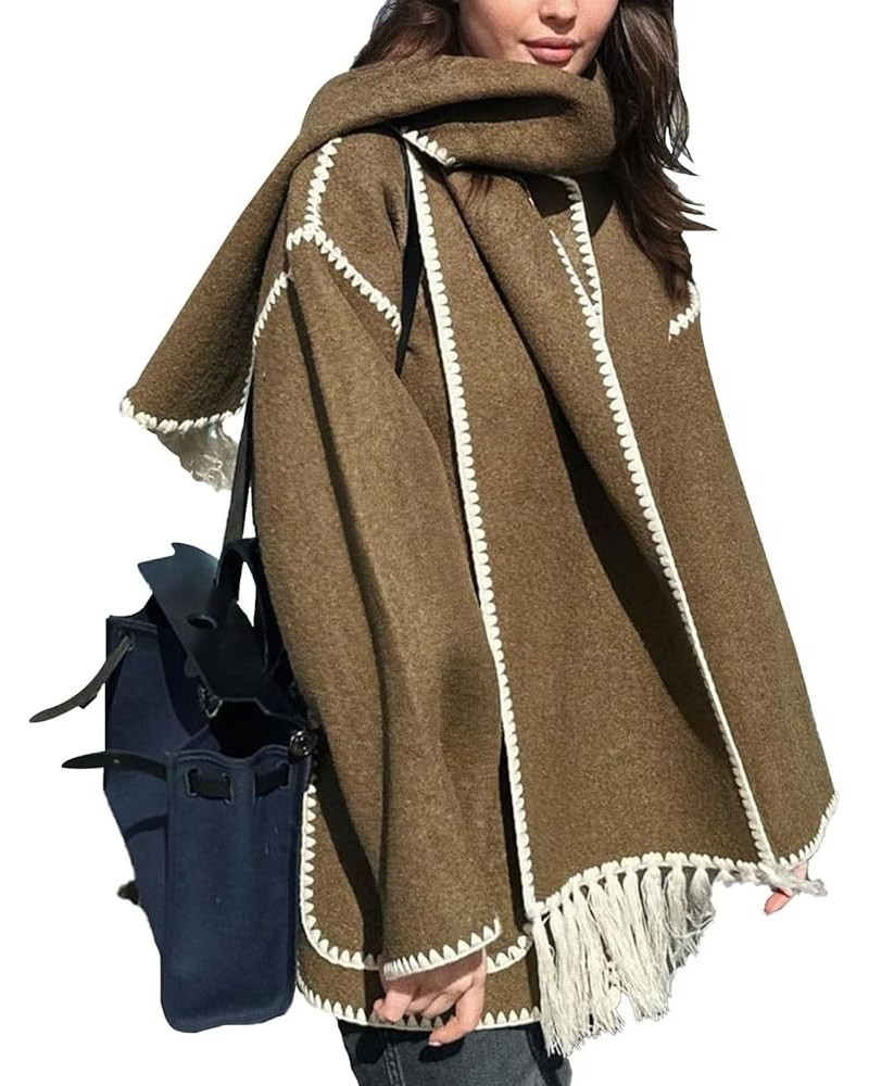 Women's Autumn And Winter Fashion Coat Casual Embroidery Tassel Scarf Loose Jacket Coffee $30.16 Jackets