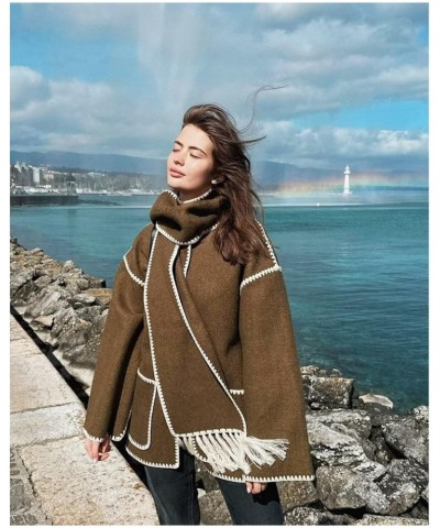 Women's Autumn And Winter Fashion Coat Casual Embroidery Tassel Scarf Loose Jacket Coffee $30.16 Jackets