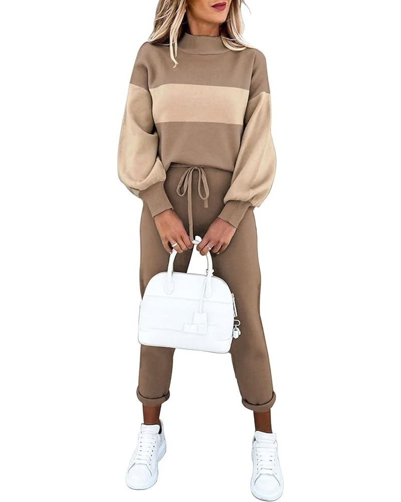 Women's 2 Piece Outfits Mock Neck Long Sleeve Pullover Sweatshirt Jogger Pants Sweatsuit Matching Sets Colorblock Apricot $20...