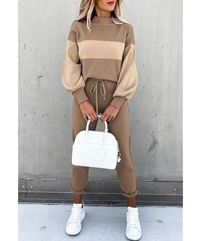 Women's 2 Piece Outfits Mock Neck Long Sleeve Pullover Sweatshirt Jogger Pants Sweatsuit Matching Sets Colorblock Apricot $20...