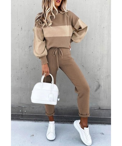 Women's 2 Piece Outfits Mock Neck Long Sleeve Pullover Sweatshirt Jogger Pants Sweatsuit Matching Sets Colorblock Apricot $20...