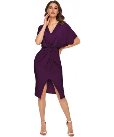 Women's Short Sleeve V Neck Twist Front Split Midi Dress Pearlied Purple $13.49 Dresses