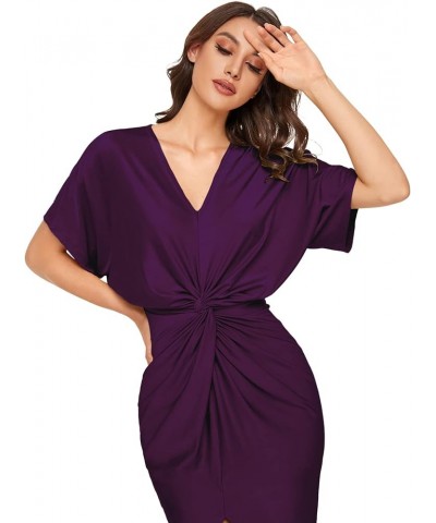 Women's Short Sleeve V Neck Twist Front Split Midi Dress Pearlied Purple $13.49 Dresses