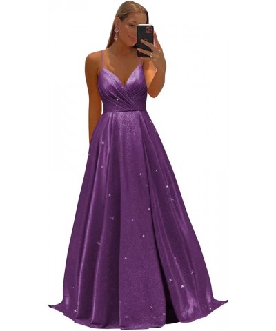 Women's Spaghetti Straps Prom Dresses Long V-Neck Sparkling Bridesmaid Dresses Formal Evening Gowns with High Slit Purple $38...