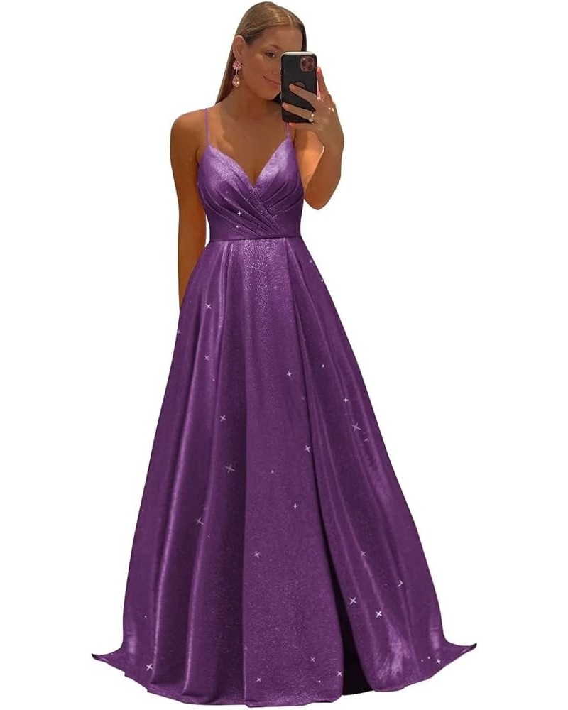 Women's Spaghetti Straps Prom Dresses Long V-Neck Sparkling Bridesmaid Dresses Formal Evening Gowns with High Slit Purple $38...