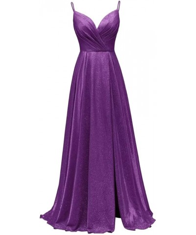 Women's Spaghetti Straps Prom Dresses Long V-Neck Sparkling Bridesmaid Dresses Formal Evening Gowns with High Slit Purple $38...