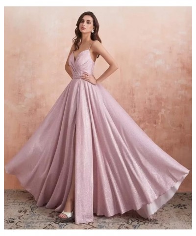 Women's Spaghetti Straps Prom Dresses Long V-Neck Sparkling Bridesmaid Dresses Formal Evening Gowns with High Slit Purple $38...