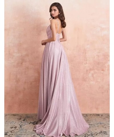 Women's Spaghetti Straps Prom Dresses Long V-Neck Sparkling Bridesmaid Dresses Formal Evening Gowns with High Slit Purple $38...