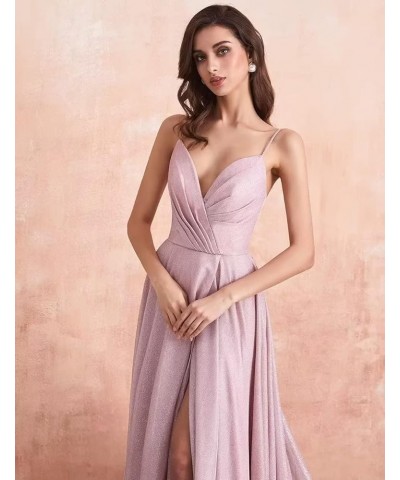 Women's Spaghetti Straps Prom Dresses Long V-Neck Sparkling Bridesmaid Dresses Formal Evening Gowns with High Slit Purple $38...