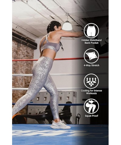 7/8 Workout Leggings for Women with Rubber Pattern, Compression Yoga Pants Grey Snake- Inner Pocket $13.25 Leggings