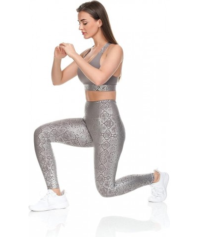 7/8 Workout Leggings for Women with Rubber Pattern, Compression Yoga Pants Grey Snake- Inner Pocket $13.25 Leggings