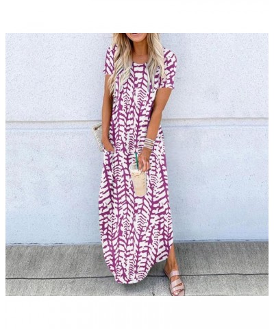 Women's Summer Casual Dresses Short Sleeve Maxi Dress Boho Floral Print Long Dresses Trendy Ladies Beach Outfits 2023 J05-pur...