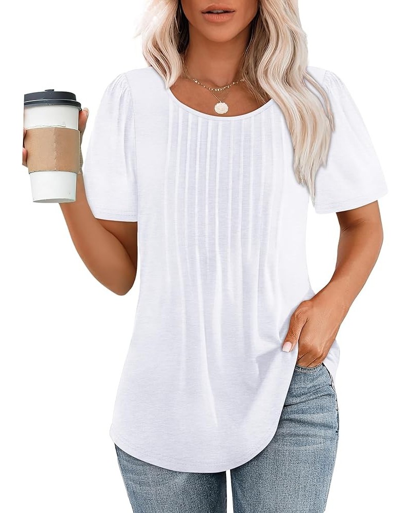 Womens T Shirts Short Sleeve Pleated Dressy Casual Scooped Neck Summer Tops Blouses 03-white $15.65 T-Shirts