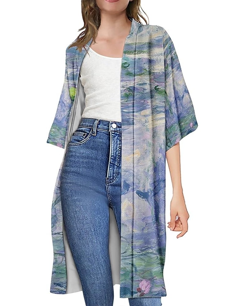 Women's Van Gogh Oil Painting Printed Open Front Long Cardigan Shirt Kimono Outwear Coat Monet Water Lilies $10.00 Sweaters