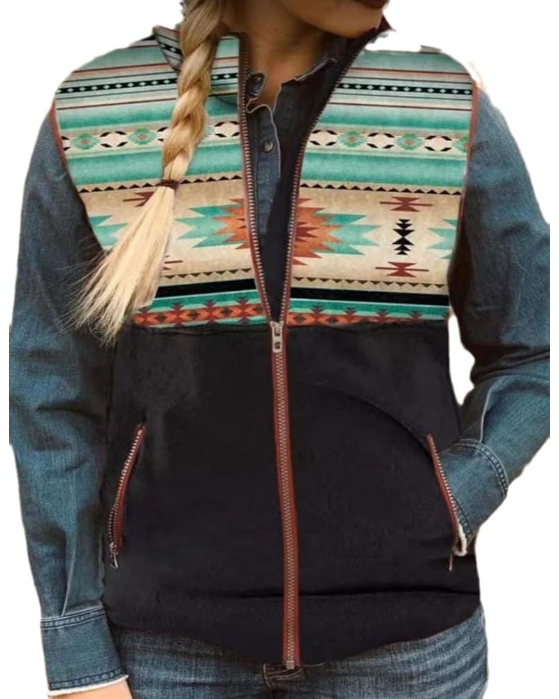 Women's Western Ethnic Print Vest Spring Autumn Color Block Full Zipper Cardigan Fleece Vest Color3 $11.75 Vests