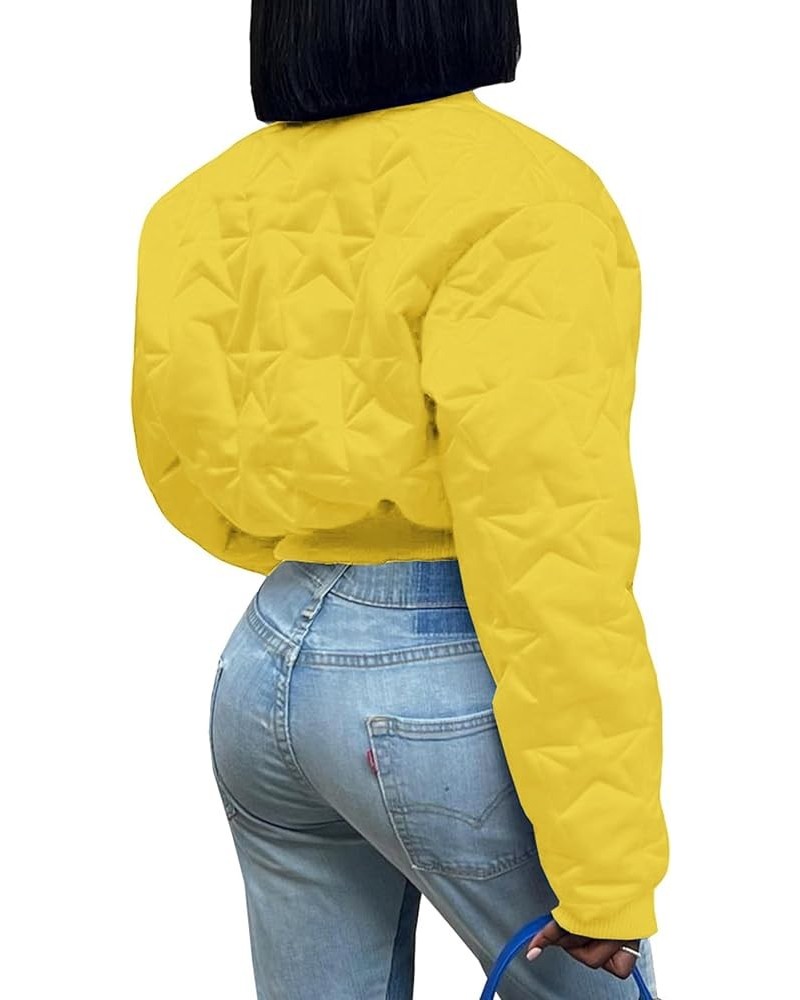 Women's Cropped Puffer Varsity Jacket Winter Zip Up Lightweight Quilted Bomber Jackets Coat Outwear A-yellow $15.36 Jackets