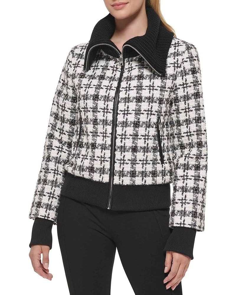 Women's Knit Collar Bomber Jacket White/Black $40.07 Jackets